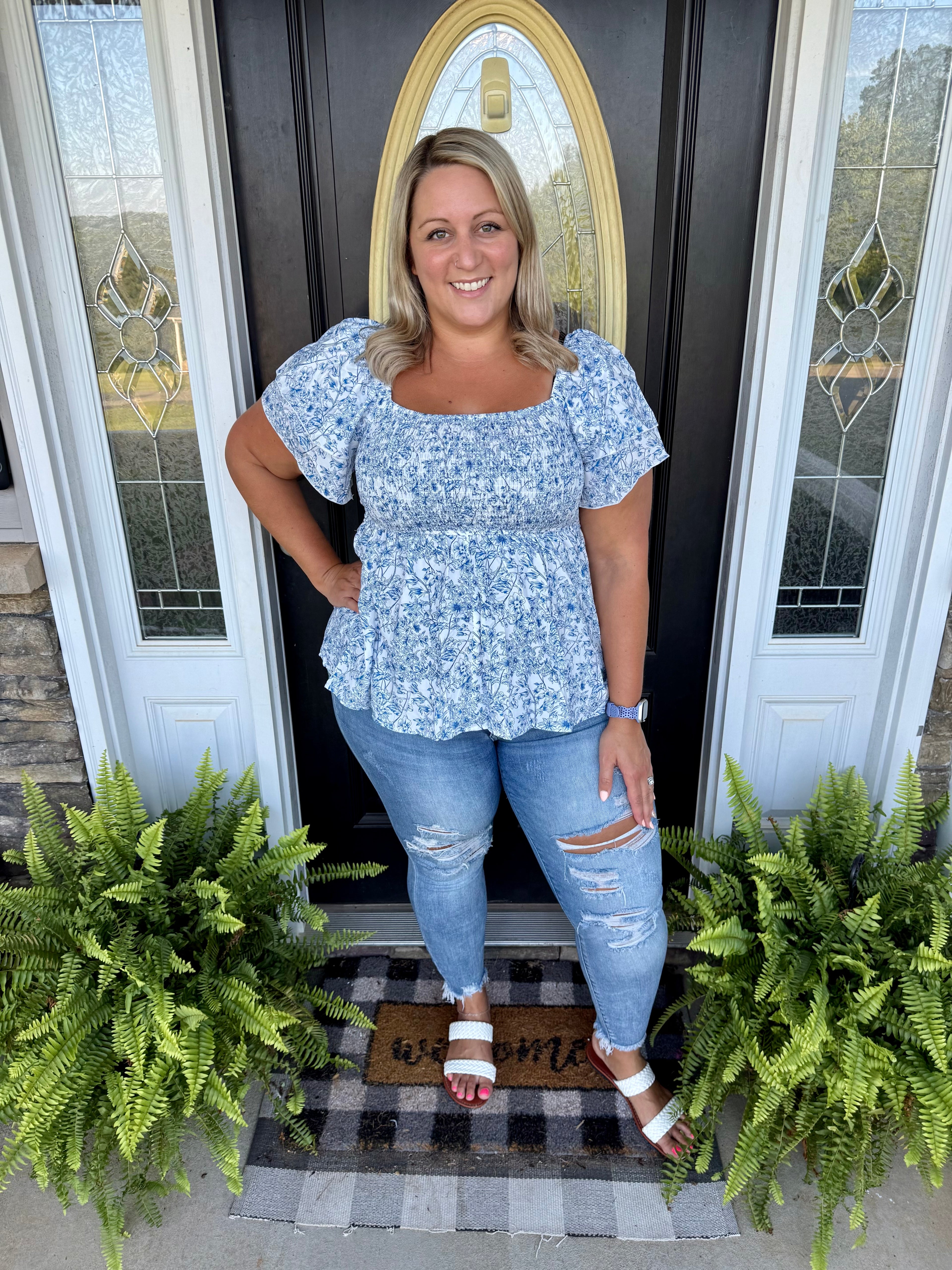 Sky Blue Floral Smocked Top