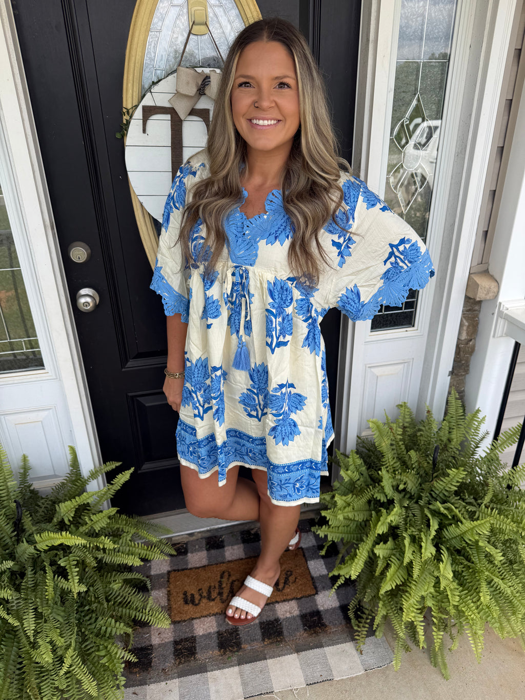 Umgee Blue floral v neck dress