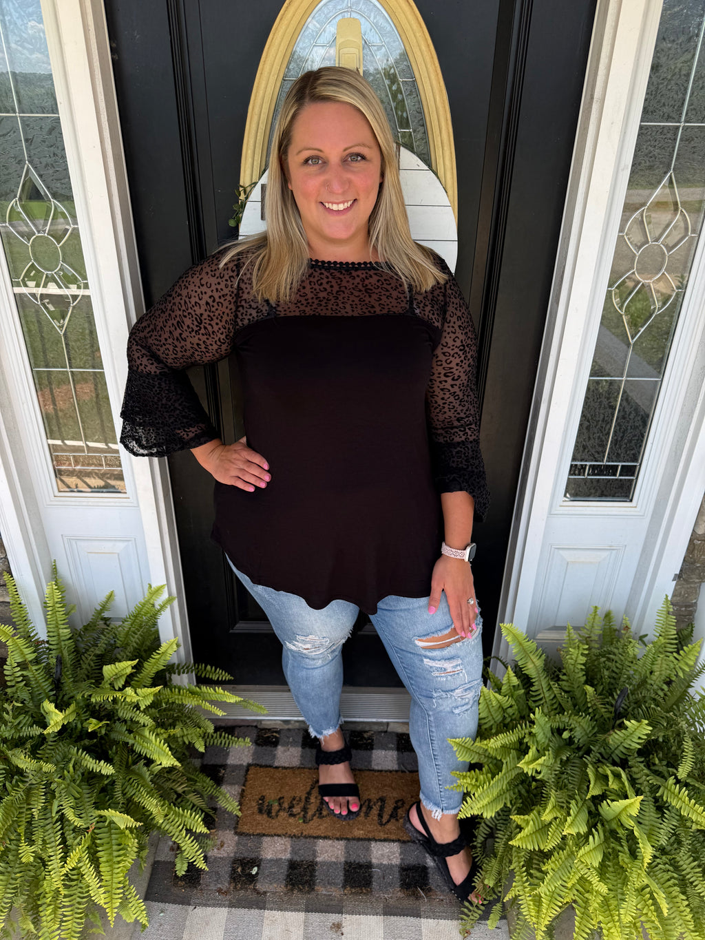 Black leopard bell sleeve top