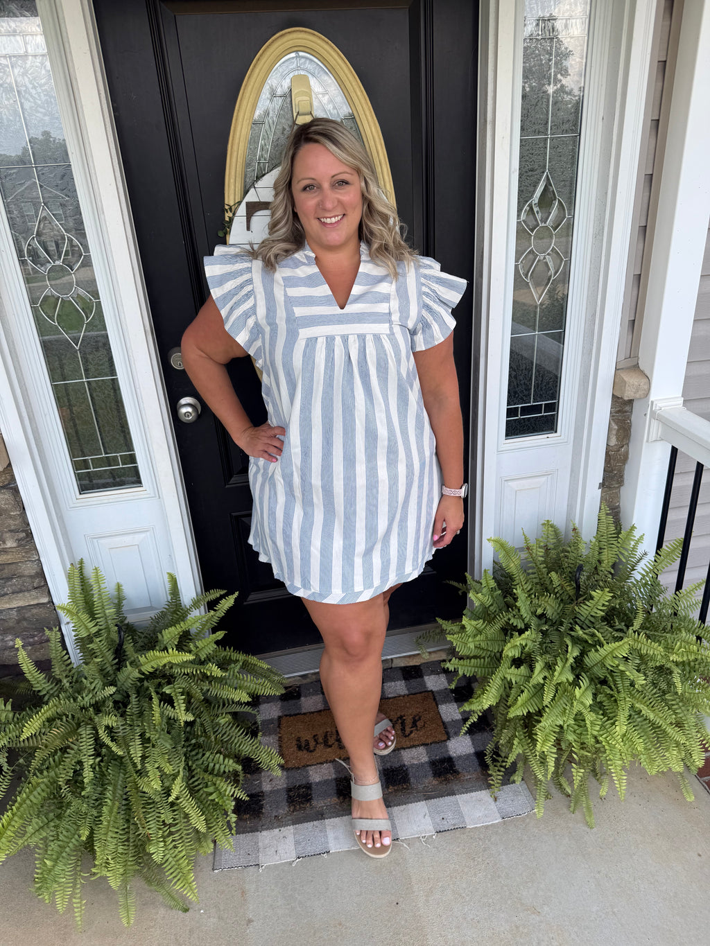 Umgee blue striped v neck dress