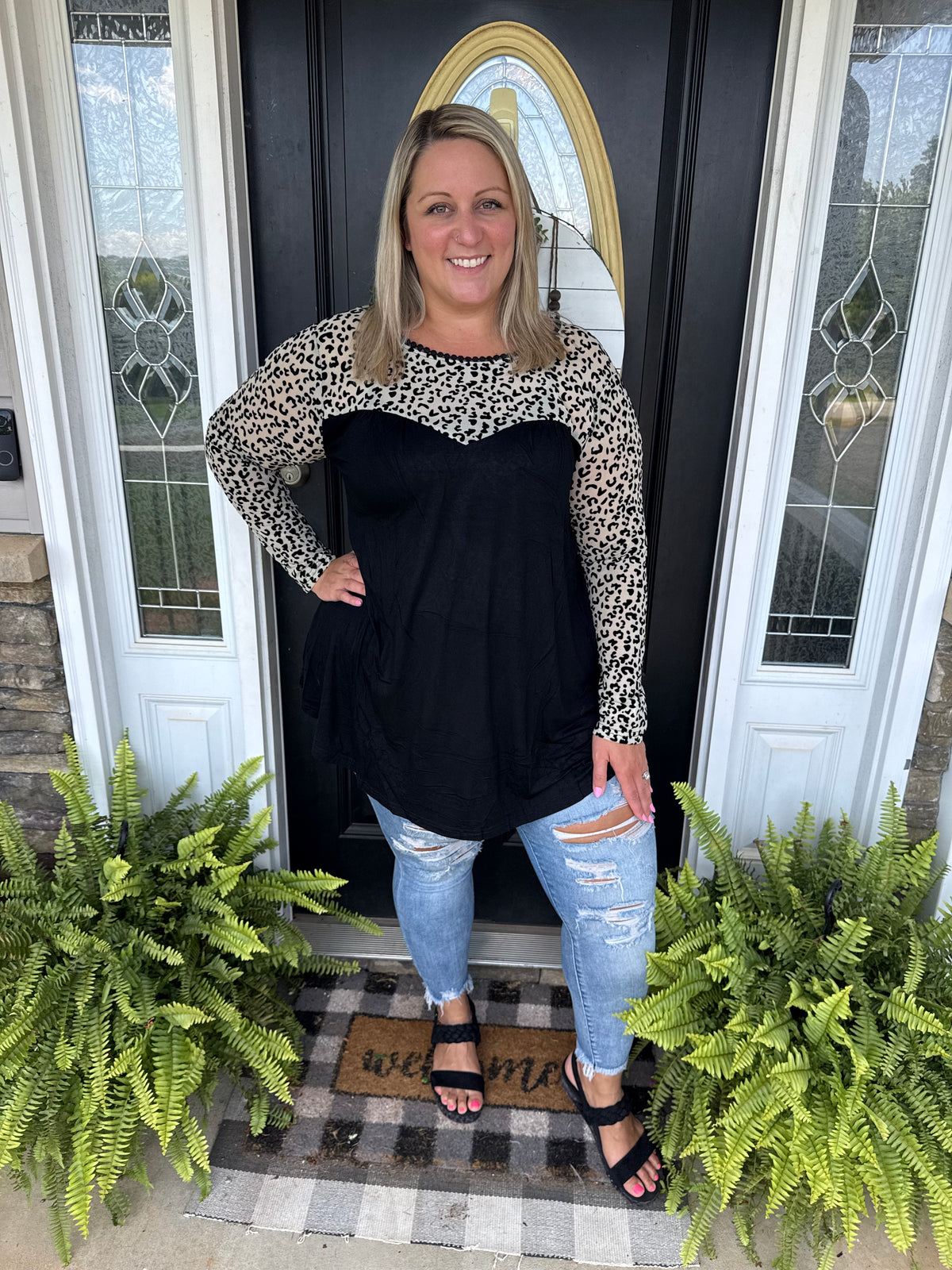 Cream leopard colorblock top