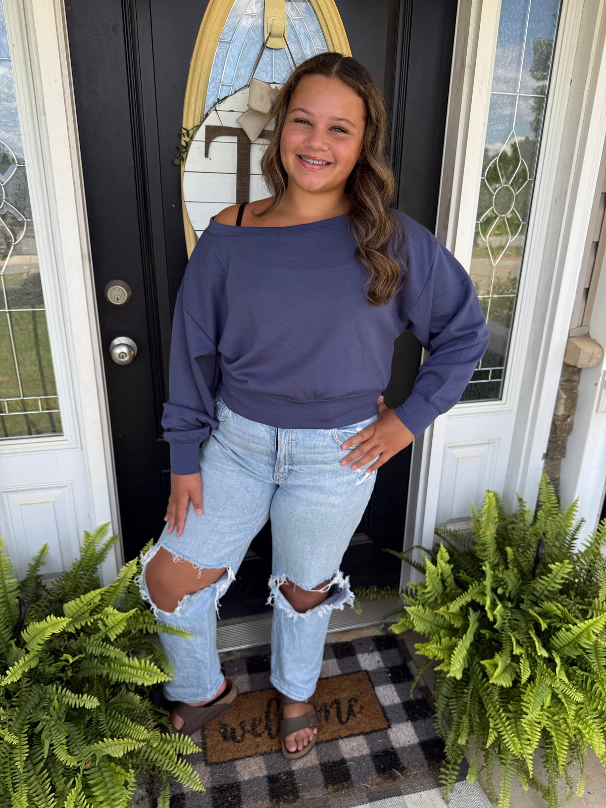 Indigo boat neck shortie pullover