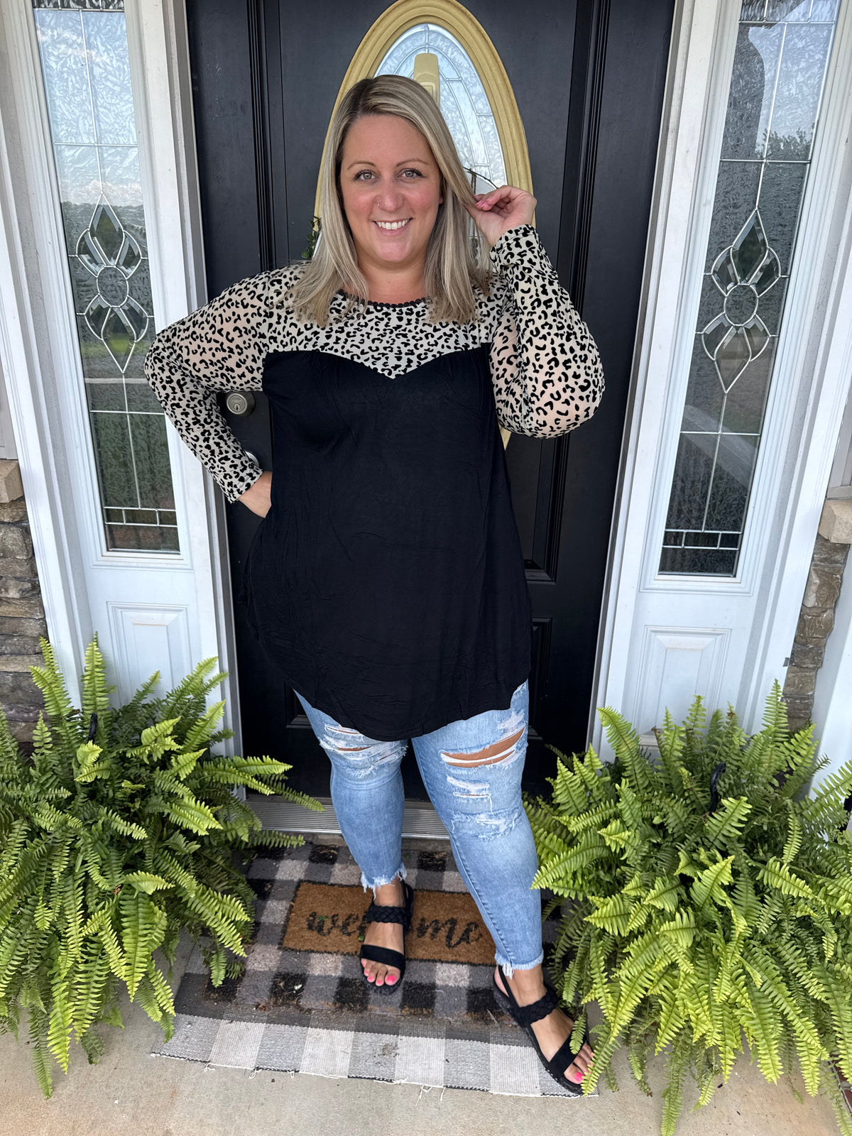 Cream leopard colorblock top