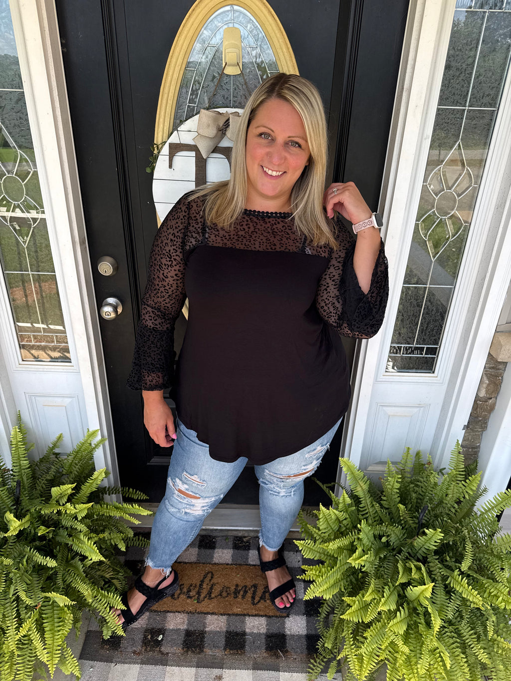 Black leopard bell sleeve top
