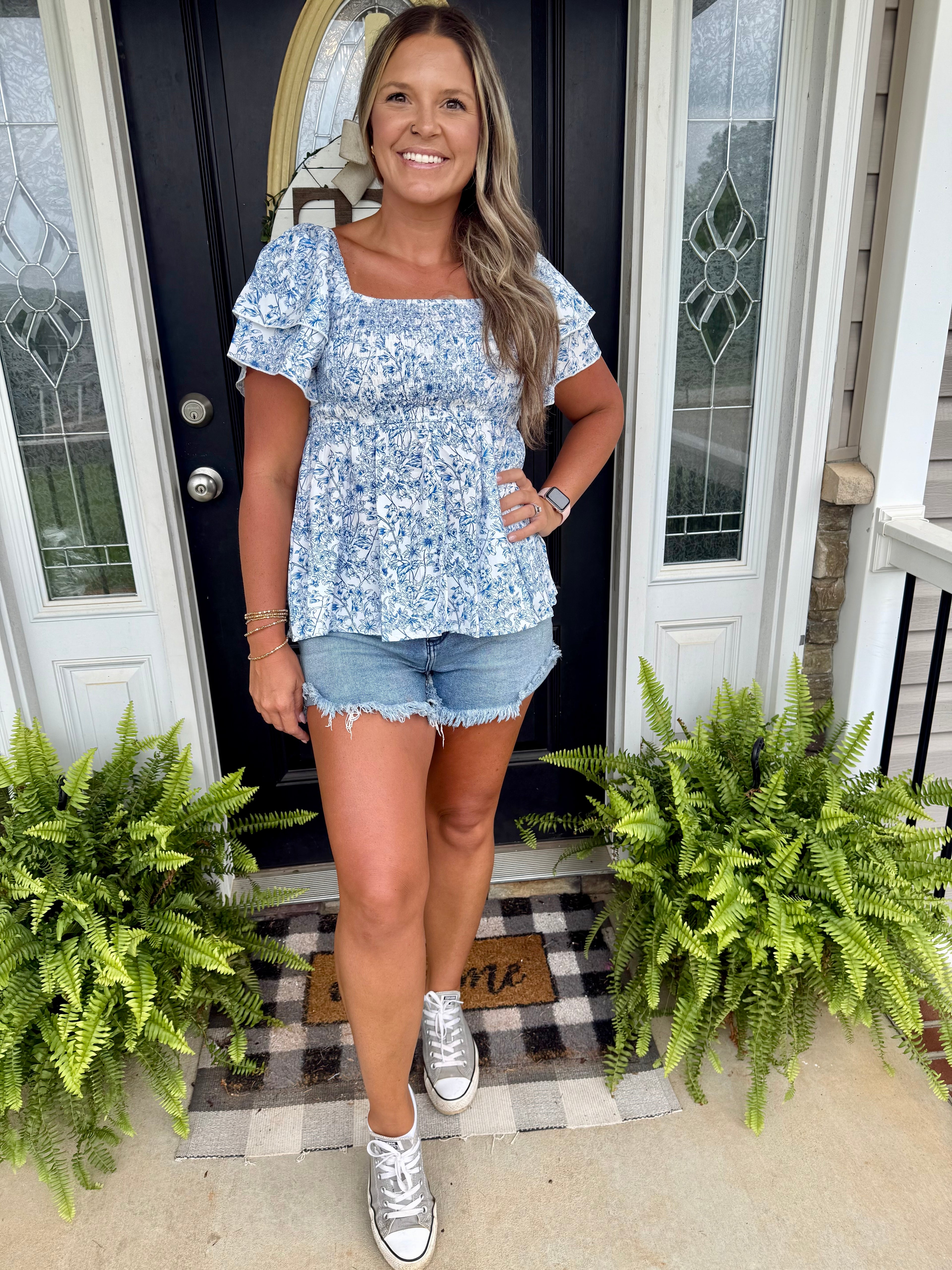 Sky Blue Floral Smocked Top