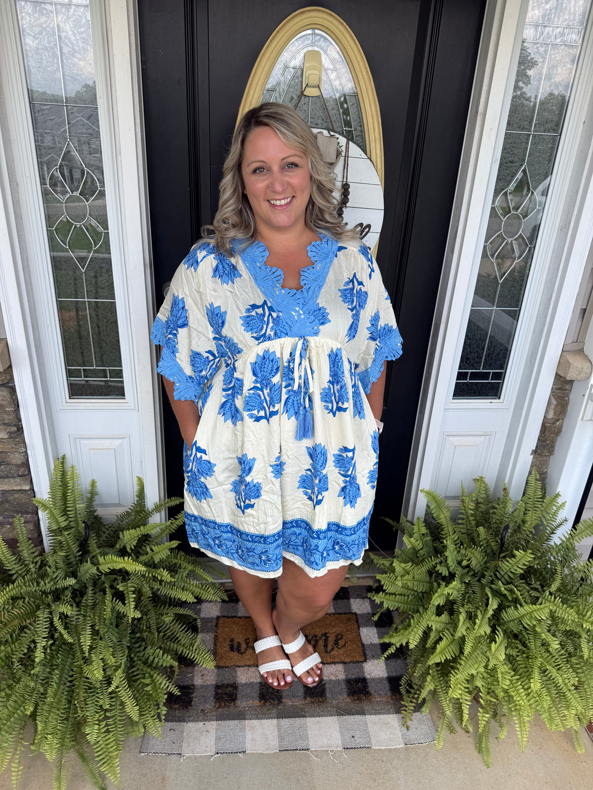 Umgee Blue floral v neck dress