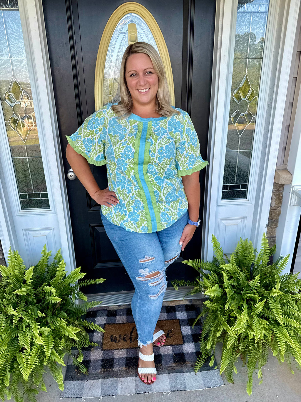 Blue Green Floral Ruffle Top