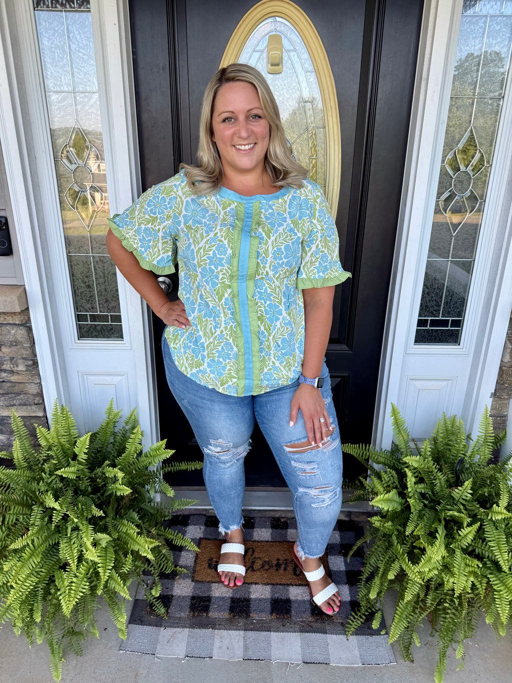 Blue Green Floral Ruffle Top