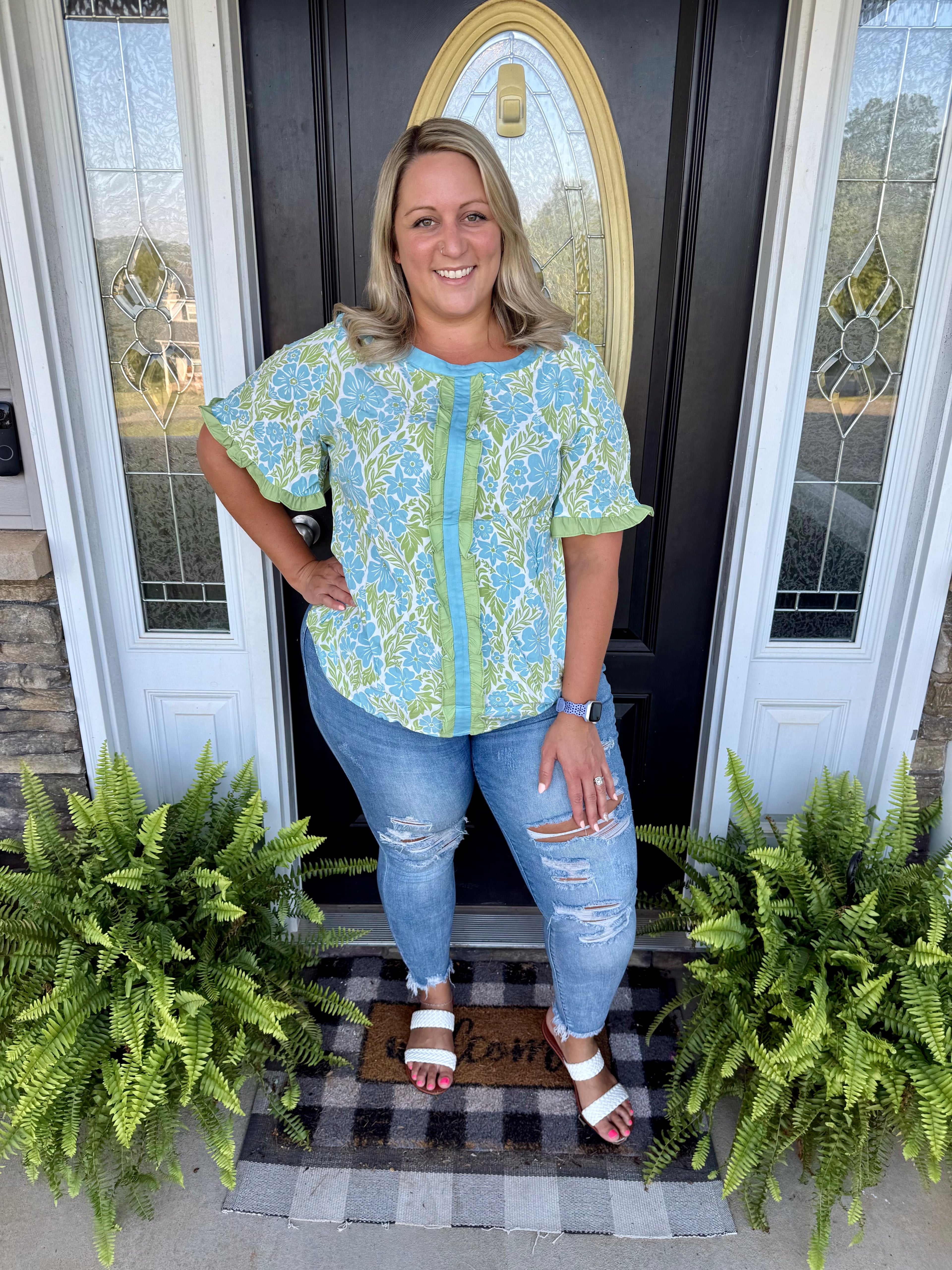 Blue Green Floral Ruffle Top
