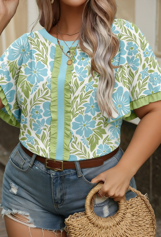 Blue Green Floral Ruffle Top
