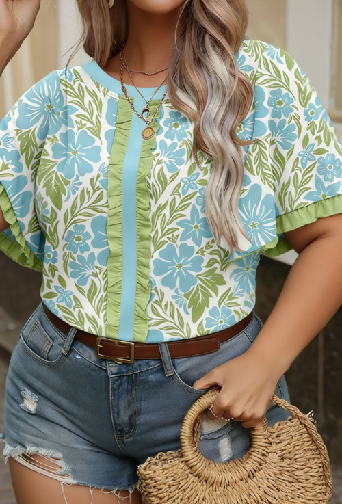 Blue Green Floral Ruffle Top